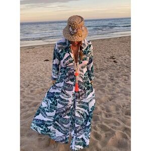 Walker & Wade XS Tropical Palm Leaf Button Down Maxi Shirt Dress Bali